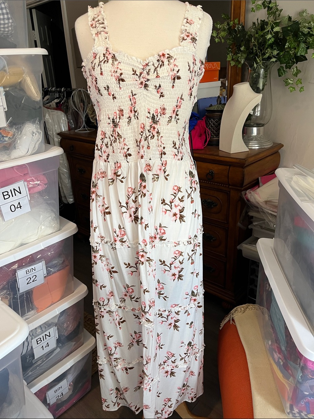 White Floral Smocked Maxi Dress with Pink Rose Print